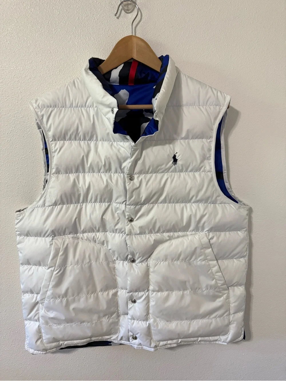 Polo Ralph Lauren Down Reveraible Vest Blue Camo/White Snap Embroidered Logo-L
